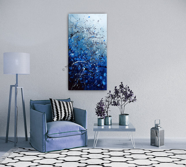 Large Modern Art Verticle Deep Blue white Abstract Jackson Pollack Wall Art for Living Room - Nebula Burst -1