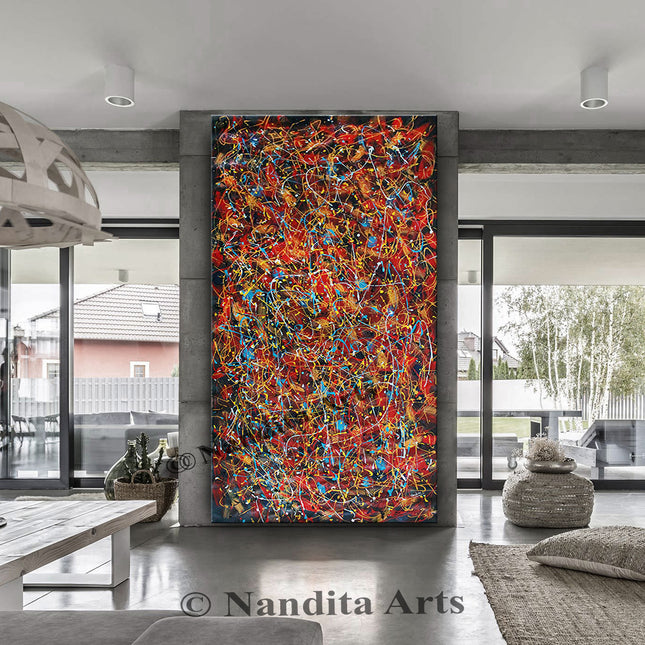 Jackson Pollock Style Modern Wall Art Painting - Red Acrylic Painting Living Room Decor