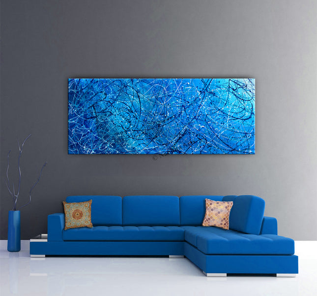 Original Jackson Pollack Style Painting on Blue Canvas Wall Art Painting – Modern Abstract Wall Art - Blue Spectrum - 1