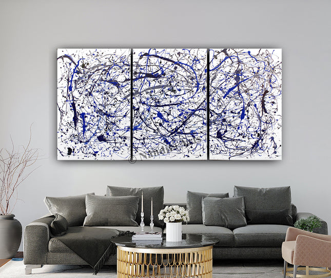 Set of 3 Jackson Pollack Style Art Blue Gray and white on Canvas Modern Painting - Glacial Storm - 33