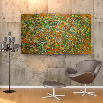 Jackson Pollock Style Orange, Green & Yellow Abstract Painting – Large Original Acrylic Art by Nandita Albright - Reality Askew