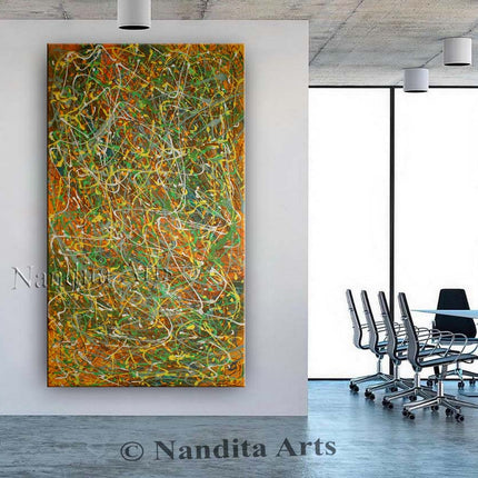 Jackson Pollock Style Orange, Green & Yellow Abstract Painting – Large Original Acrylic Art by Nandita Albright - Reality Askew