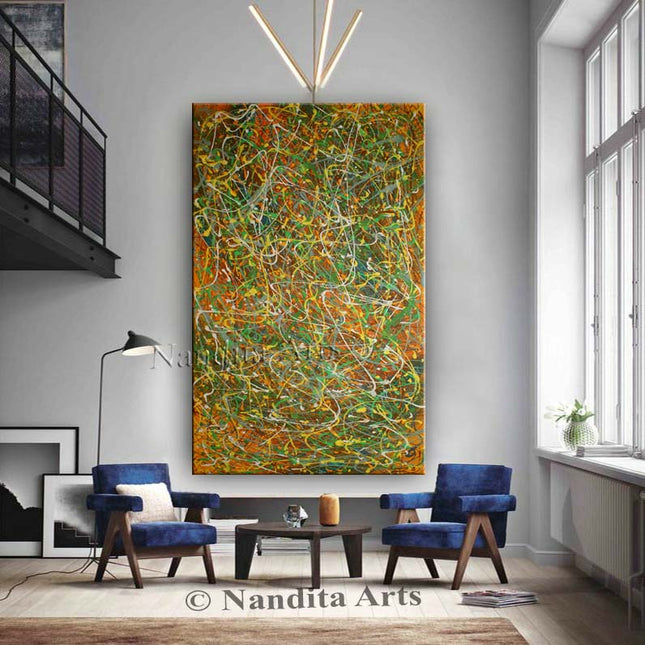 Jackson Pollock Style Orange, Green & Yellow Abstract Painting – Large Original Acrylic Art by Nandita Albright - Reality Askew