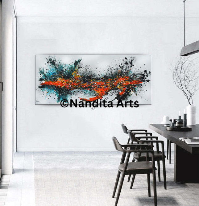 Original Red Black Teal Canvas Painting – Modern Abstract Wall Art