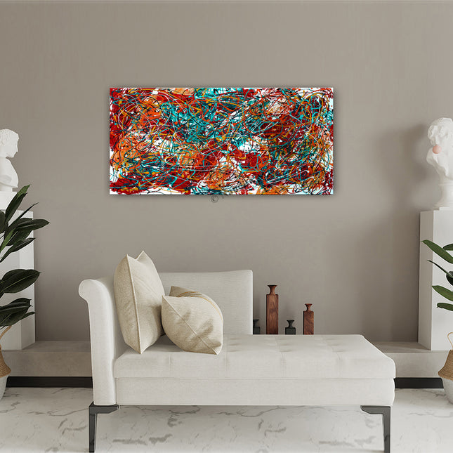 Cosmic Abstract Wall Art – Yellow, Red, Orange, Teal & White Modern Canvas Painting for Living Room Décor - Nebula Burst -3