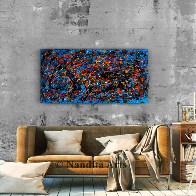 Jackson Pollack Painting Dip Style Modern Abstract Wall Art on Blue Canvas 48"x24"x.75" / 121.92x60.96cm - Blue Spectrum - 3
