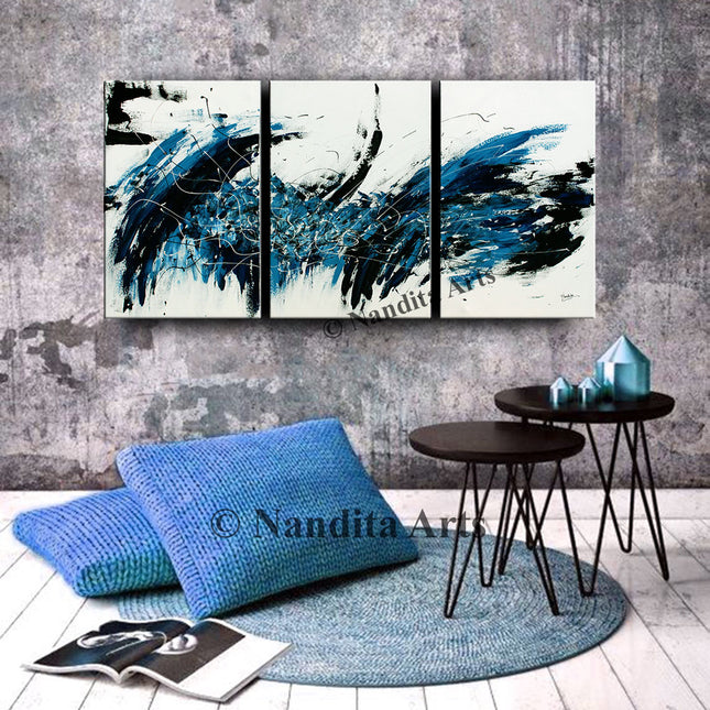 blue, black &amp; white abstract canvas