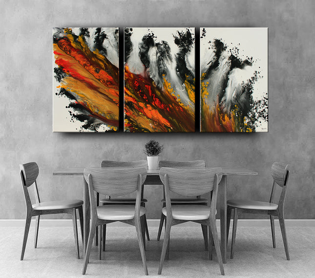 3 Panel Acrylic Painting on Canvas  - Red Orange Handmade Modern Wall Art