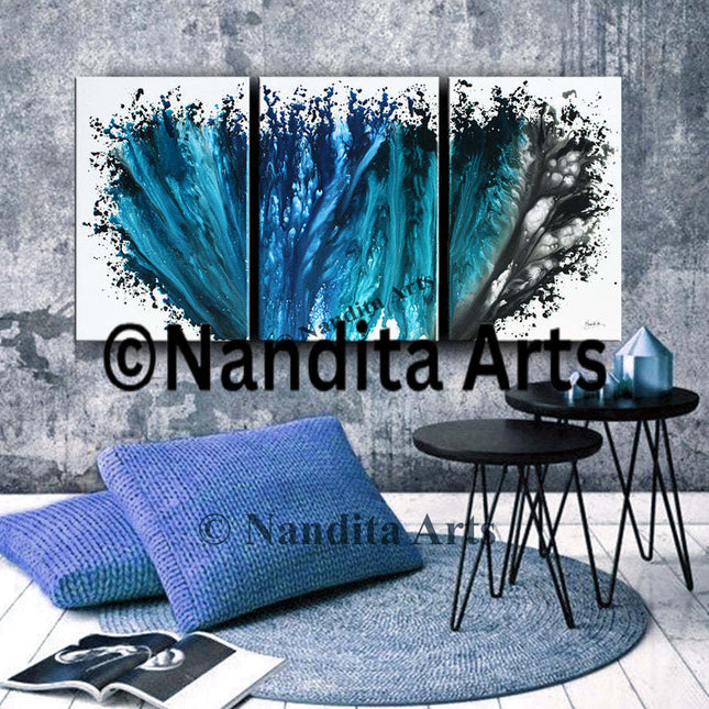 3 Panel Blue Modern Abstract Wall Art on Canvas for Sale - A Blue Thought - 40