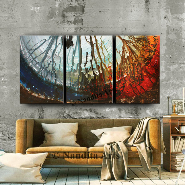 Blue Brown Orange Red 3-Piece Modern Abstract Wall Art – Triptych Canvas Painting Set for Sale | Contemporary Home Décor - Rainbow Torn - 51