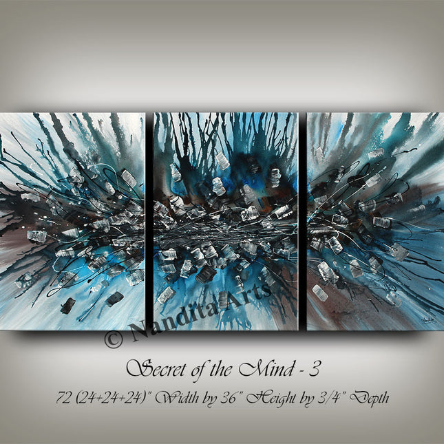 3 Piece Modern Wall Art Oil Painting Blue Abstract Wall Art - Secret of the Mind - 3