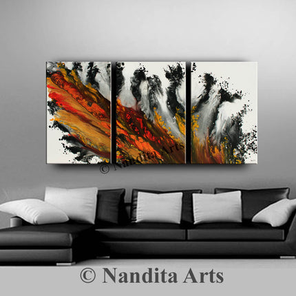 3 Panel Acrylic Painting on Canvas  - Red Orange Handmade Modern Wall Art