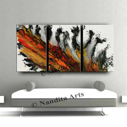 3 Panel Acrylic Painting on Canvas  - Red Orange Handmade Modern Wall Art