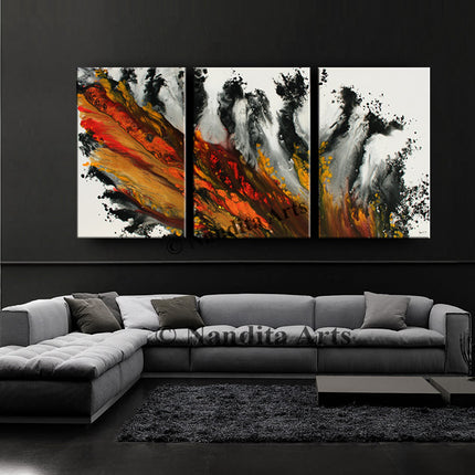 3 Panel Acrylic Painting on Canvas  - Red Orange Handmade Modern Wall Art