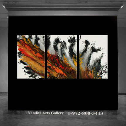 3 Panel Acrylic Painting on Canvas  - Red Orange Handmade Modern Wall Art