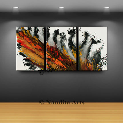 3 Panel Acrylic Painting on Canvas  - Red Orange Handmade Modern Wall Art