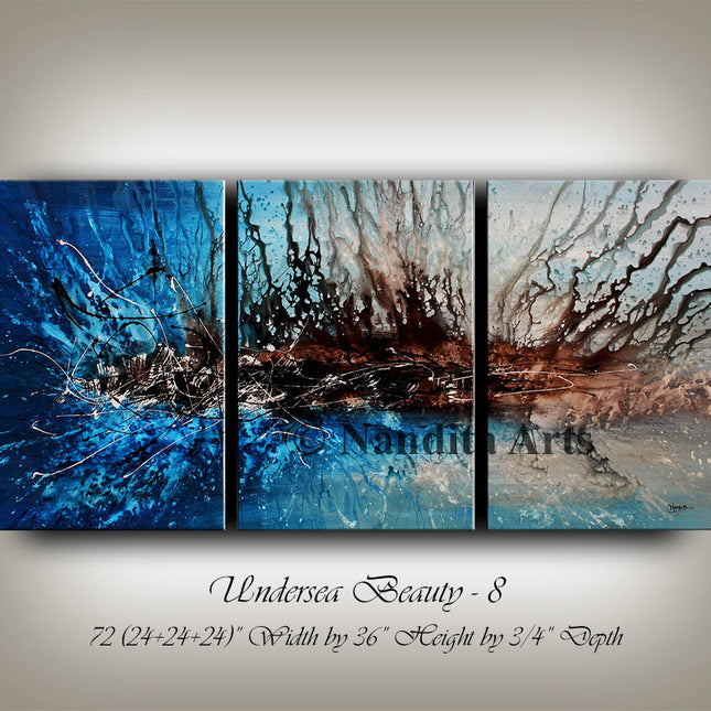 3 Panel Oceanic View Modern Abstract Blue Wall Art Painting on Canvas – Serene Artwork for Sale - Undersea Beauty -8