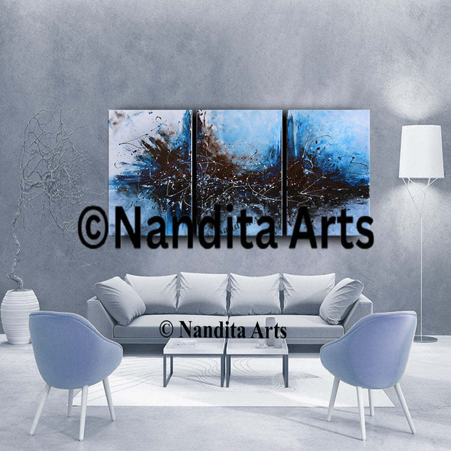 3 Framed Abstract Art Modern Original Painting - Blue Wall Art On Canvas Artwork