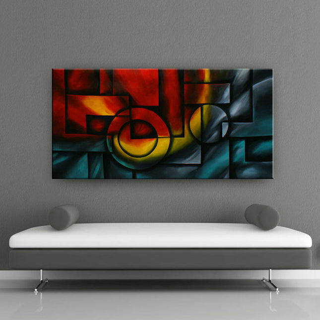 Red, Teal, Orange, Yellow & Black Modern Abstract Wall Art – Jackson Pollock Style for Living Room Décor-  Mixture of Sound