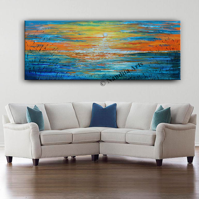 Sunset Landscape Art Painting on Canvas  Extra Large Blue Abstract Landscape Wall Art for Office Lobby  - Sunkissed Horizon - 4