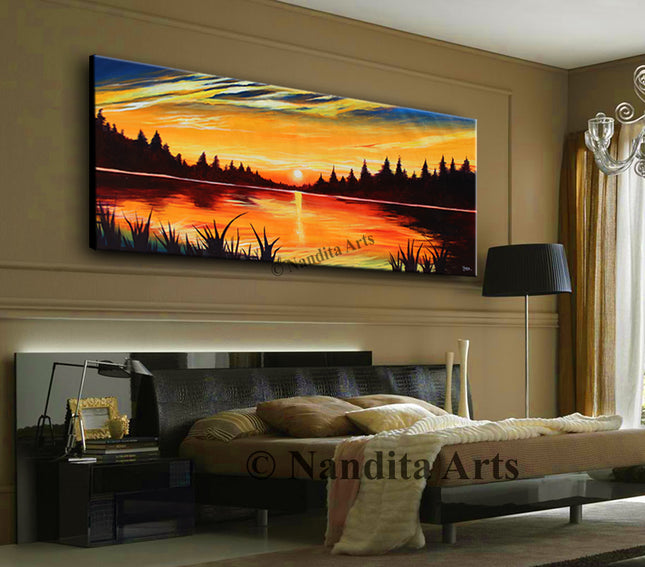 Sunset Landscape Art On Canvas Large Modern Abstract Wall Art Painting for Living Room Decor  - Autumn Evening - 1