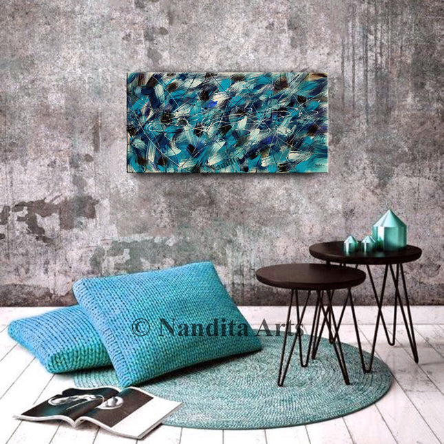 Teal, white, Brown Black And Blue Lines Canvas Abstract Wall Art Decor Contemporary Artwork  - Blurred Lines