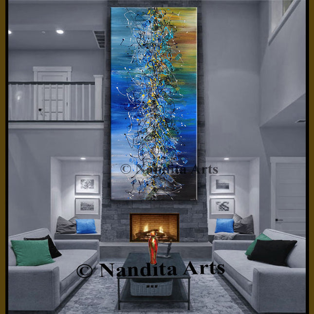 Blue Large Modern Art Oil Painting on Canvas Modern Wall Art oversize Painting -Multiple Sizes - Silver Lining - 5